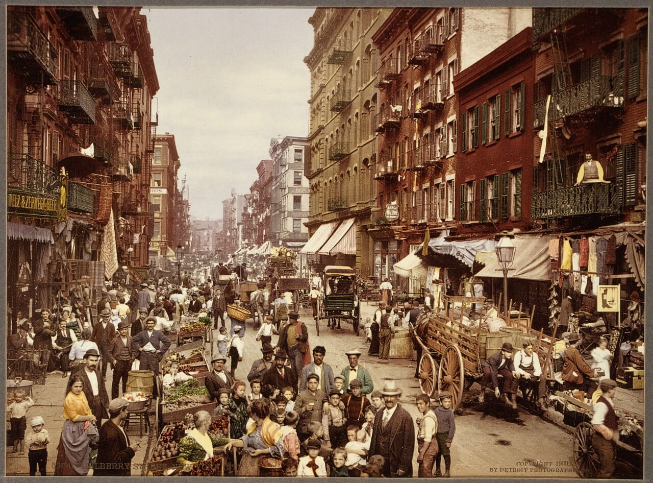 a picture of a busy new york street in the late 1800s