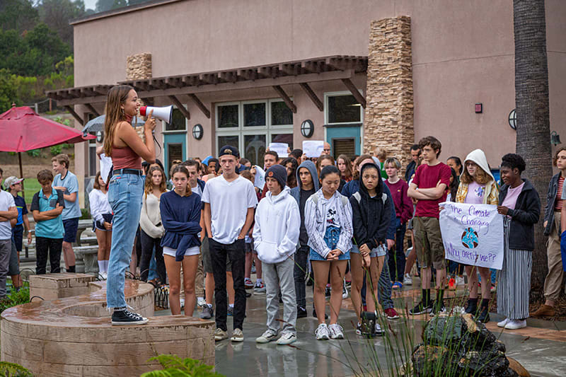 a student led climate change protest at the Grauer School in September 2019