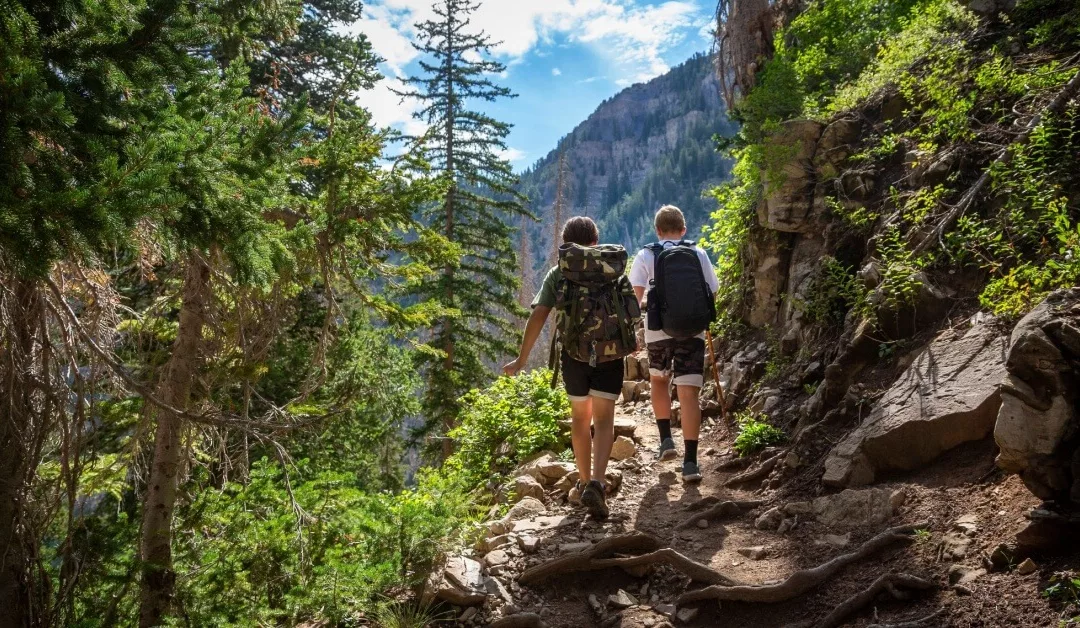 Two children walking on a trail with backpacks on. There are green trees and mountains in the distance.