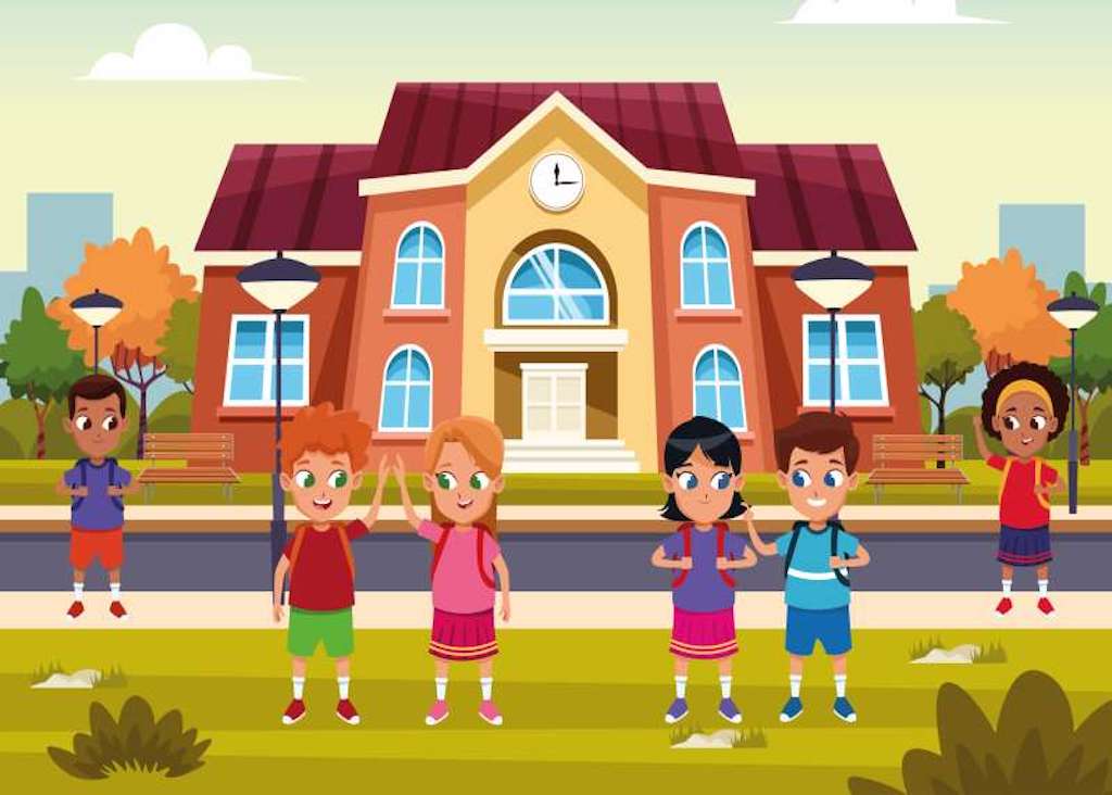 Animated illustration of children standing in front of a neighborhood public school building.